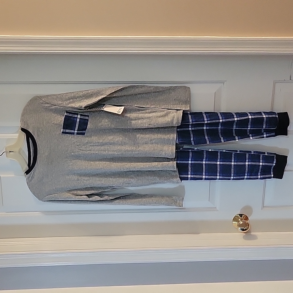 Dex gray and blue plaid pajama set 2 piece xl/14